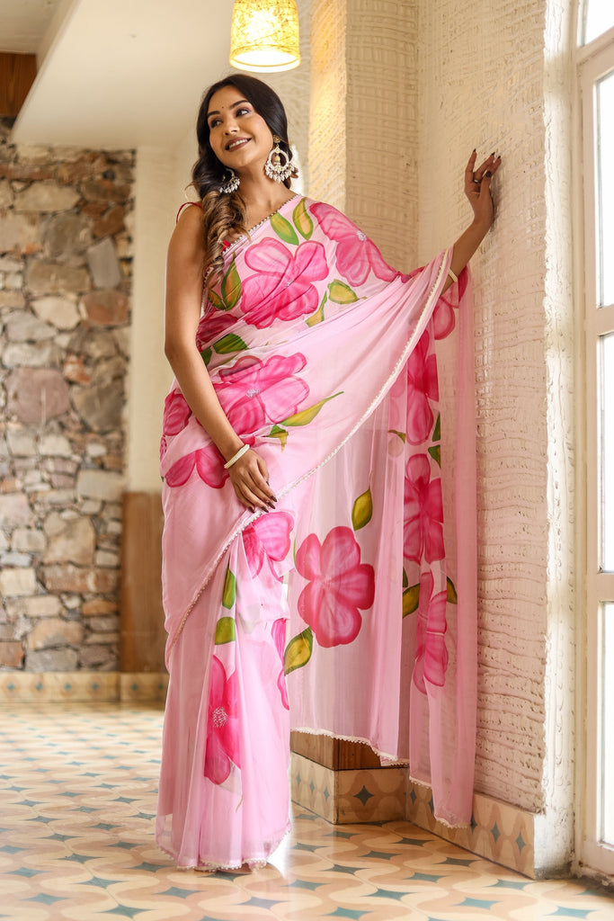 Blush Pink Georgette Saree with Oversized Hand-Painted Magenta Flowers & Bead Detailing – Attached Blouse – 5.5 Meters FANCY SAREES