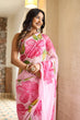 Load image into Gallery viewer, Blush Pink Georgette Saree with Oversized Hand-Painted Magenta Flowers &amp; Bead Detailing – Attached Blouse – 5.5 Meters FANCY SAREES