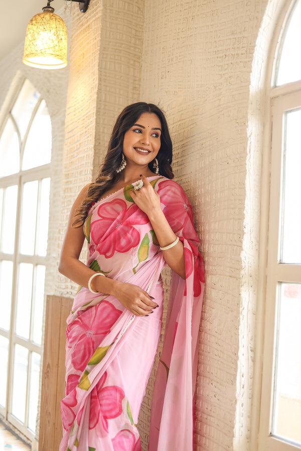 Blush Pink Georgette Saree with Oversized Hand-Painted Magenta Flowers & Bead Detailing – Attached Blouse – 5.5 Meters FANCY SAREES