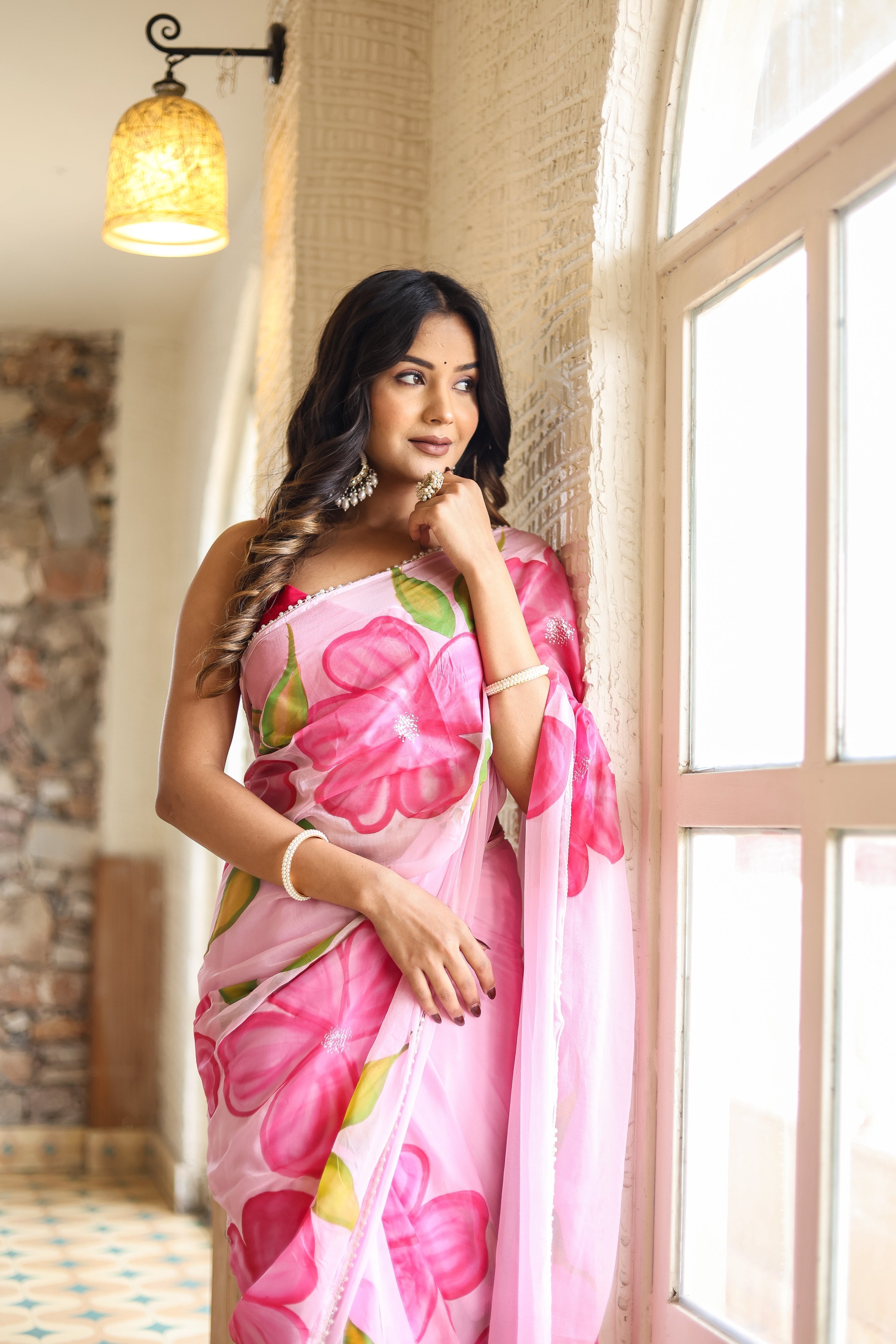 Blush Pink Georgette Saree with Oversized Hand-Painted Magenta Flowers & Bead Detailing – Attached Blouse – 5.5 Meters FANCY SAREES