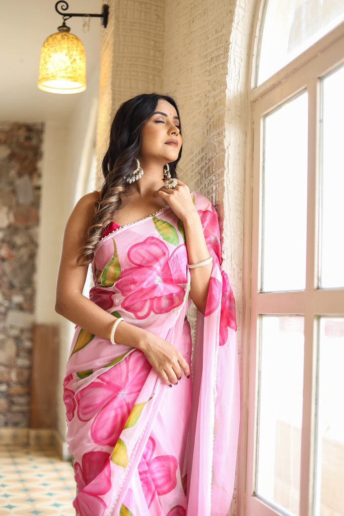 Blush Pink Georgette Saree with Oversized Hand-Painted Magenta Flowers & Bead Detailing – Attached Blouse – 5.5 Meters FANCY SAREES