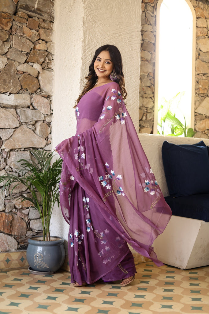 Plum Purple Georgette Saree with Hand-Painted Blue & White Bell Flowers – Attached Blouse – 5.5 Meters FANCY SAREES