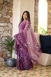 Load image into Gallery viewer, Plum Purple Georgette Saree with Hand-Painted Blue &amp; White Bell Flowers – Attached Blouse – 5.5 Meters FANCY SAREES
