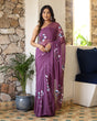 Load image into Gallery viewer, Plum Purple Georgette Saree with Hand-Painted Blue &amp; White Bell Flowers – Attached Blouse – 5.5 Meters FANCY SAREES