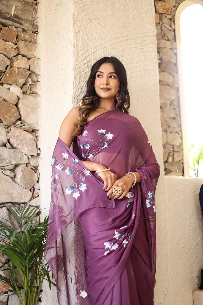 Plum Purple Georgette Saree with Hand-Painted Blue & White Bell Flowers – Attached Blouse – 5.5 Meters FANCY SAREES