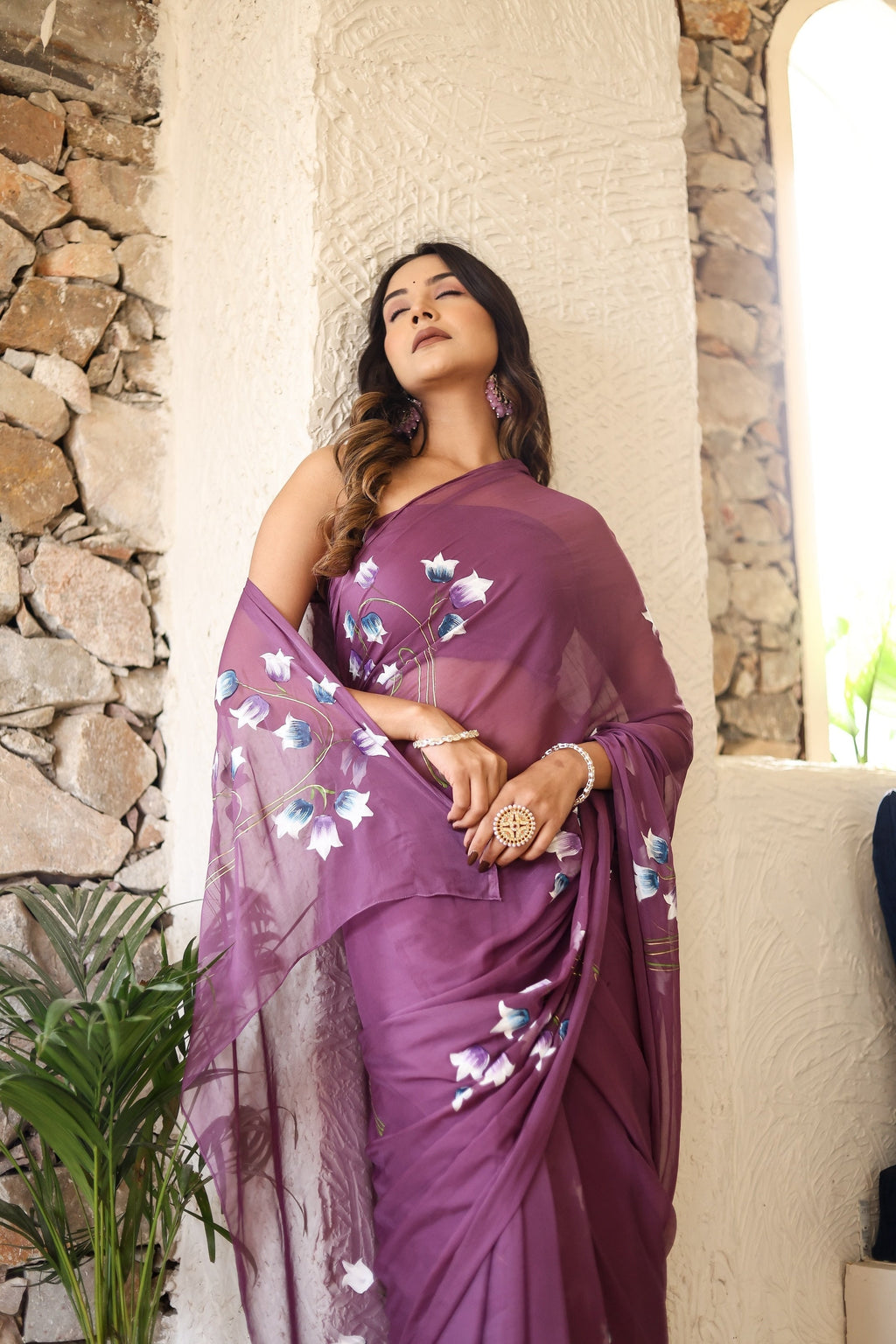 Plum Purple Georgette Saree with Hand-Painted Blue & White Bell Flowers – Attached Blouse – 5.5 Meters FANCY SAREES