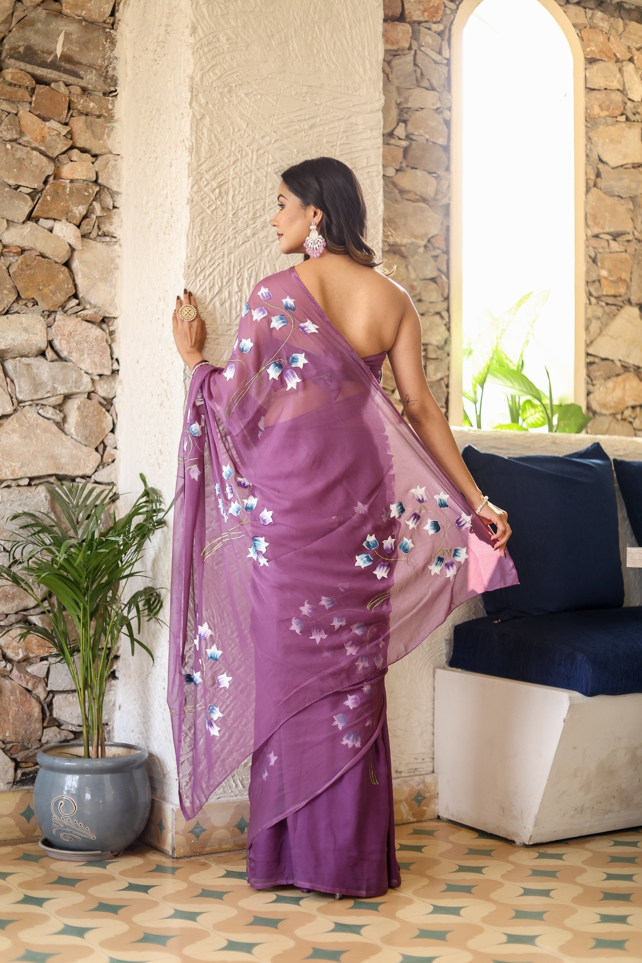 Plum Purple Georgette Saree with Hand-Painted Blue & White Bell Flowers – Attached Blouse – 5.5 Meters FANCY SAREES