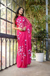 Load image into Gallery viewer, Rani Pink Georgette Saree with Hand-Painted Blue &amp; White Bell Flowers – Attached Blouse – 5.5 Meters FANCY SAREES