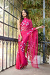 Load image into Gallery viewer, Rani Pink Georgette Saree with Hand-Painted Blue &amp; White Bell Flowers – Attached Blouse – 5.5 Meters FANCY SAREES