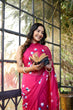 Load image into Gallery viewer, Rani Pink Georgette Saree with Hand-Painted Blue &amp; White Bell Flowers – Attached Blouse – 5.5 Meters FANCY SAREES