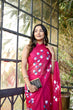 Load image into Gallery viewer, Rani Pink Georgette Saree with Hand-Painted Blue &amp; White Bell Flowers – Attached Blouse – 5.5 Meters FANCY SAREES