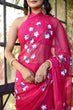 Load image into Gallery viewer, Rani Pink Georgette Saree with Hand-Painted Blue &amp; White Bell Flowers – Attached Blouse – 5.5 Meters FANCY SAREES