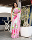 Mint Green Georgette Saree with Hand-Painted Pink Oversized Floral Motifs – Attached Blouse – 5.5 Meters FANCY SAREES