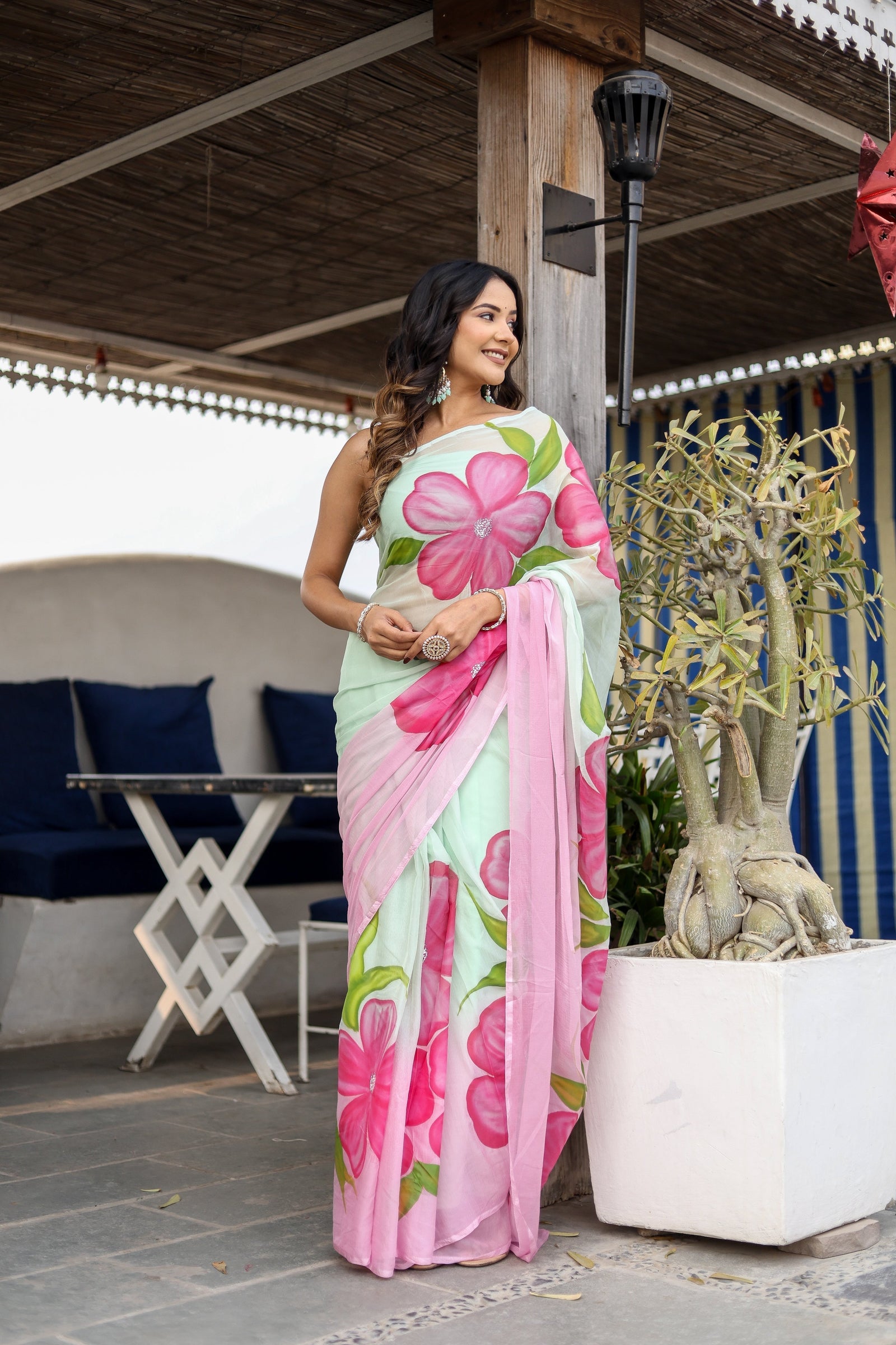 Mint Green Georgette Saree with Hand-Painted Pink Oversized Floral Motifs – Attached Blouse – 5.5 Meters FANCY SAREES