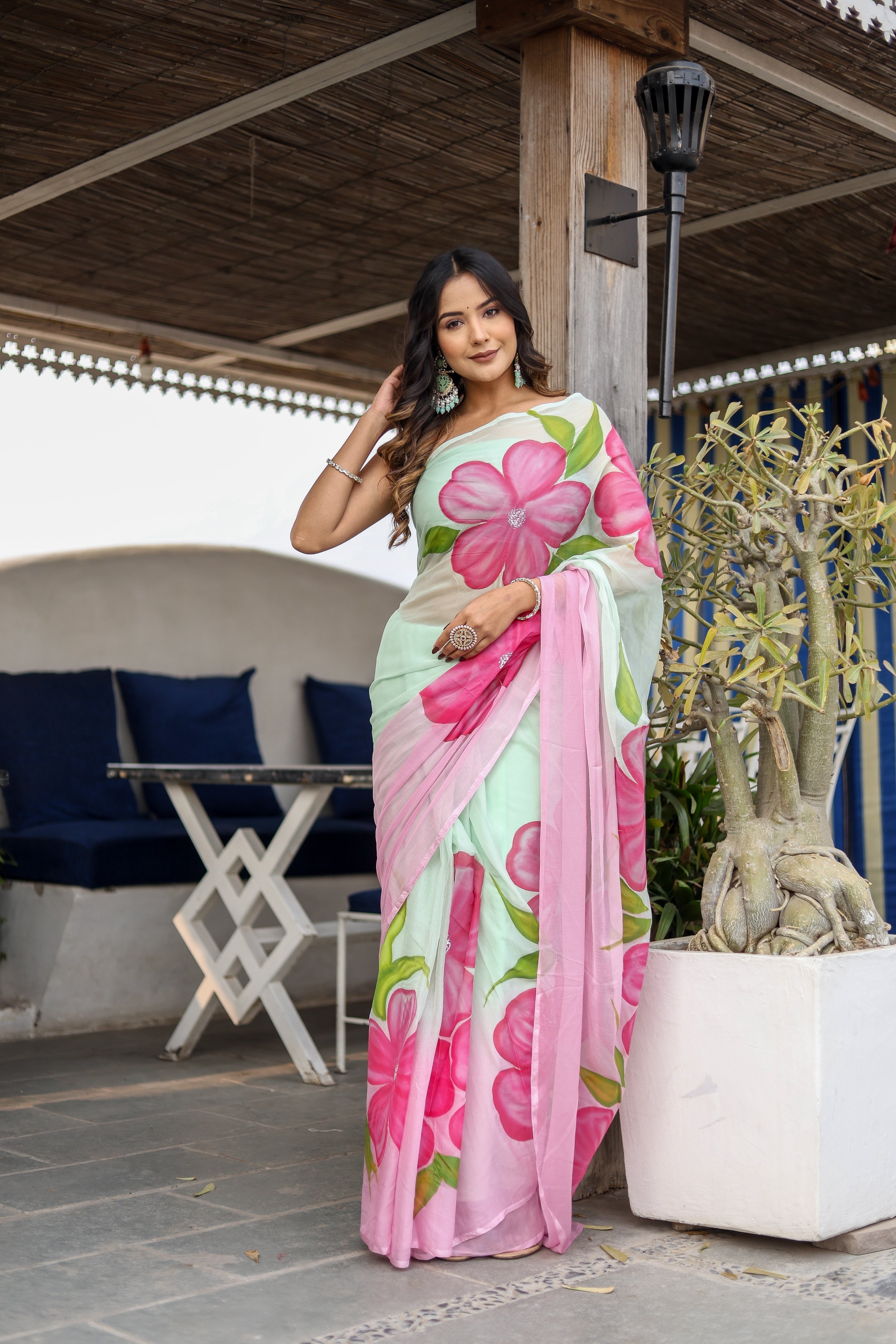 Mint Green Georgette Saree with Hand-Painted Pink Oversized Floral Motifs – Attached Blouse – 5.5 Meters FANCY SAREES