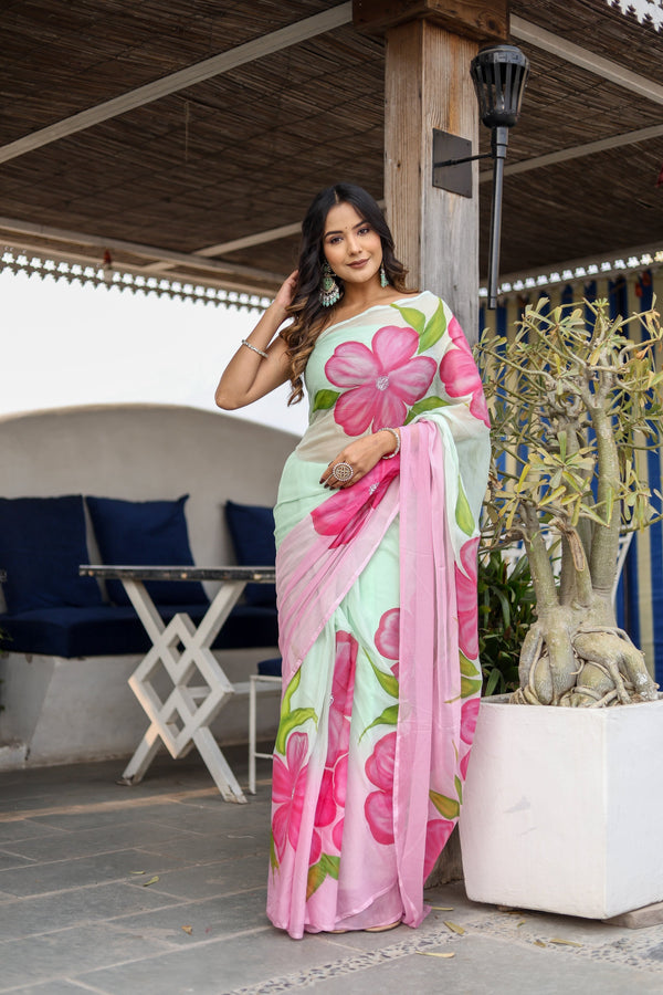 Mint Green Georgette Saree with Hand-Painted Pink Oversized Floral Motifs – Attached Blouse – 5.5 Meters FANCY SAREES