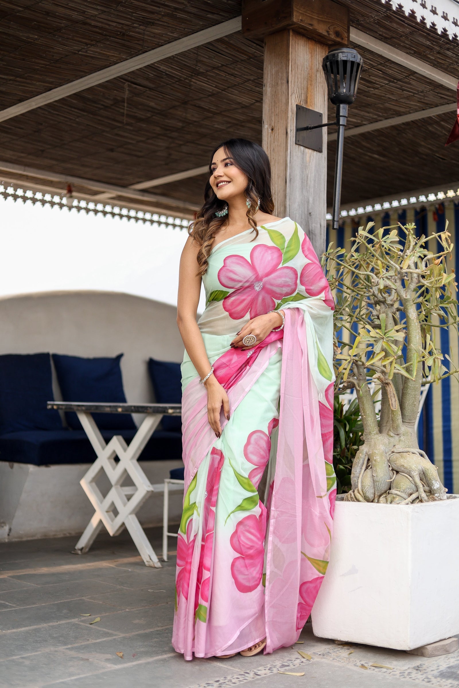 Mint Green Georgette Saree with Hand-Painted Pink Oversized Floral Motifs – Attached Blouse – 5.5 Meters FANCY SAREES