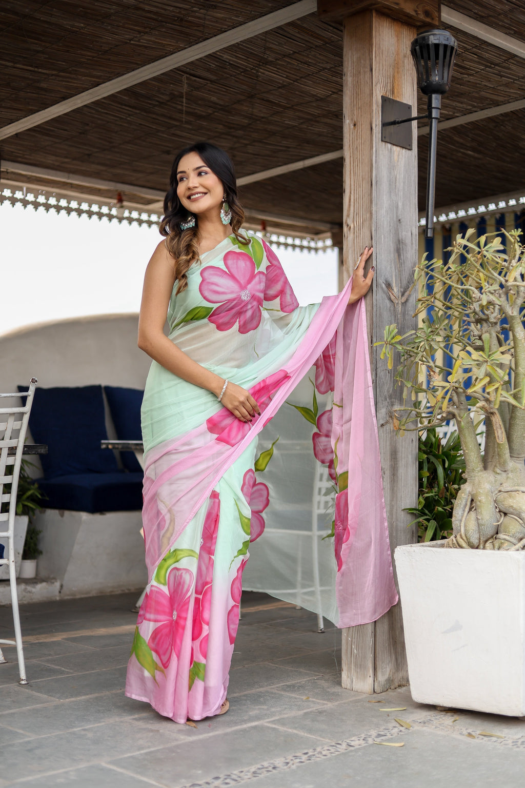 Mint Green Georgette Saree with Hand-Painted Pink Oversized Floral Motifs – Attached Blouse – 5.5 Meters FANCY SAREES