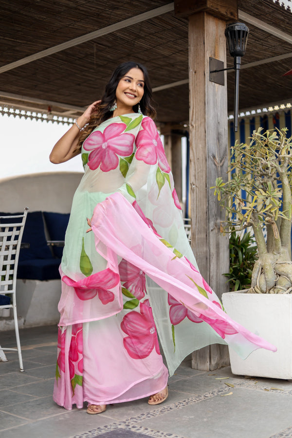Mint Green Georgette Saree with Hand-Painted Pink Oversized Floral Motifs – Attached Blouse – 5.5 Meters FANCY SAREES