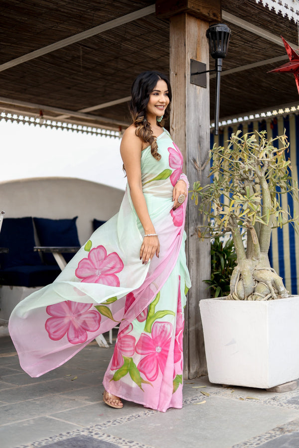 Mint Green Georgette Saree with Hand-Painted Pink Oversized Floral Motifs – Attached Blouse – 5.5 Meters FANCY SAREES