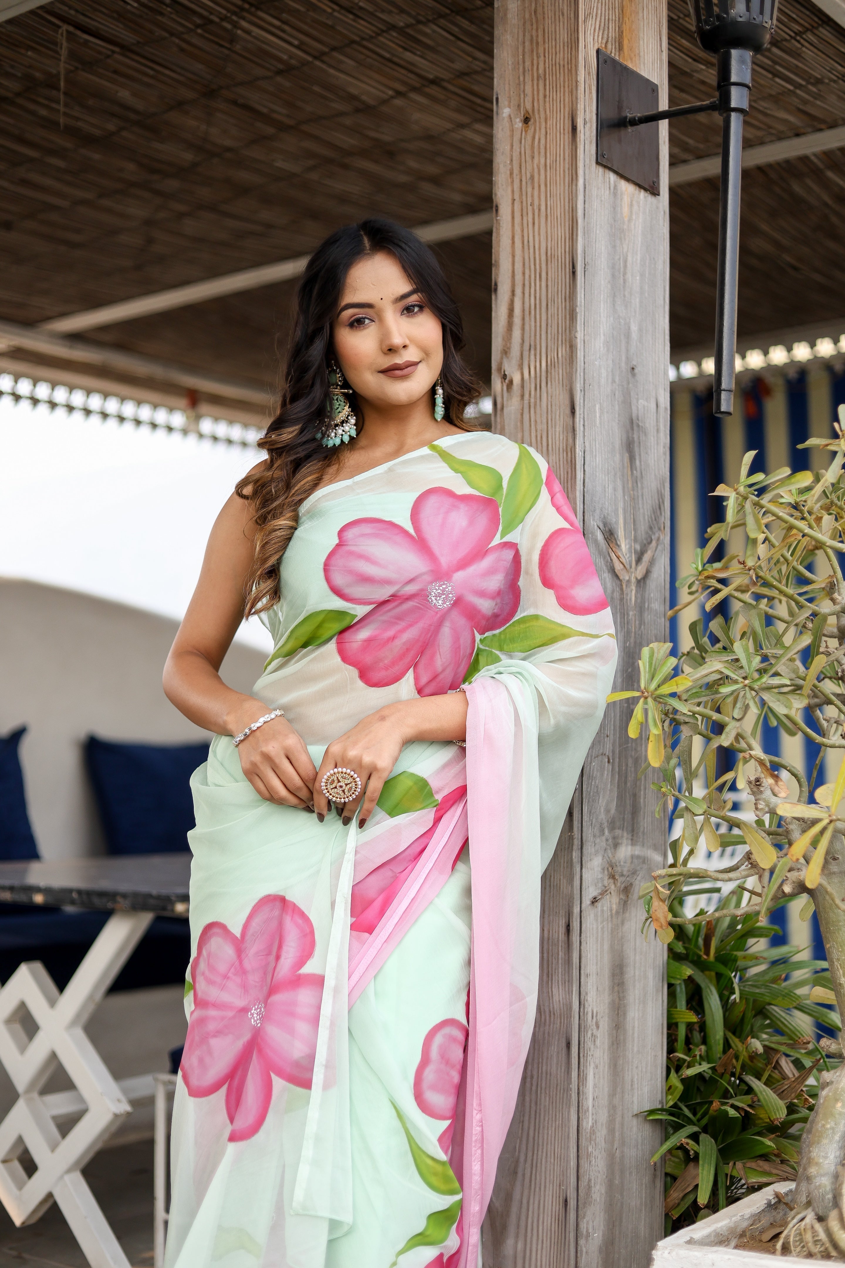 Mint Green Georgette Saree with Hand-Painted Pink Oversized Floral Motifs – Attached Blouse – 5.5 Meters FANCY SAREES
