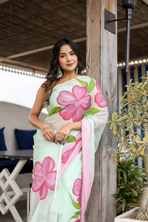 Mint Green Georgette Saree with Hand-Painted Pink Oversized Floral Motifs – Attached Blouse – 5.5 Meters FANCY SAREES