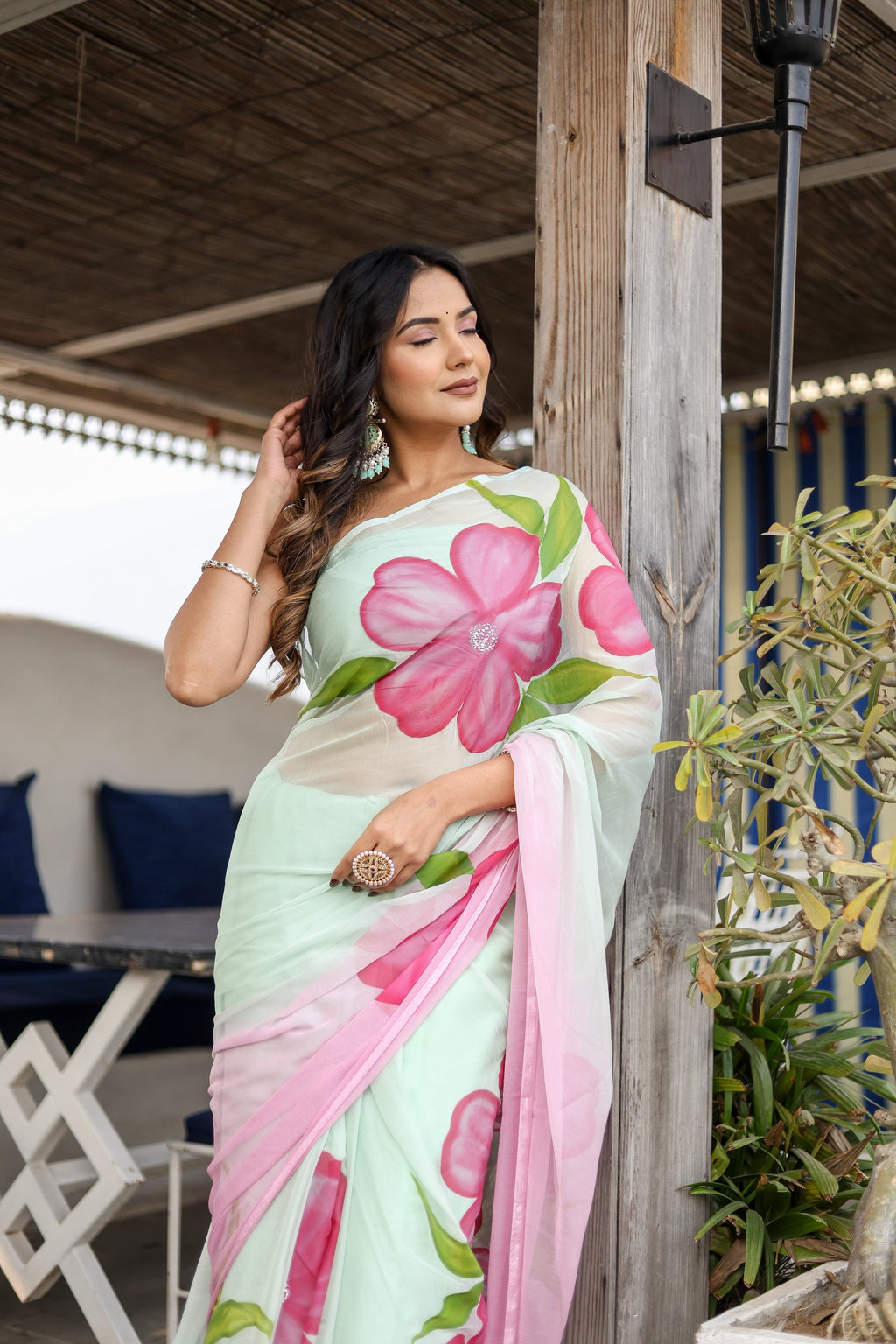 Mint Green Georgette Saree with Hand-Painted Pink Oversized Floral Motifs – Attached Blouse – 5.5 Meters FANCY SAREES