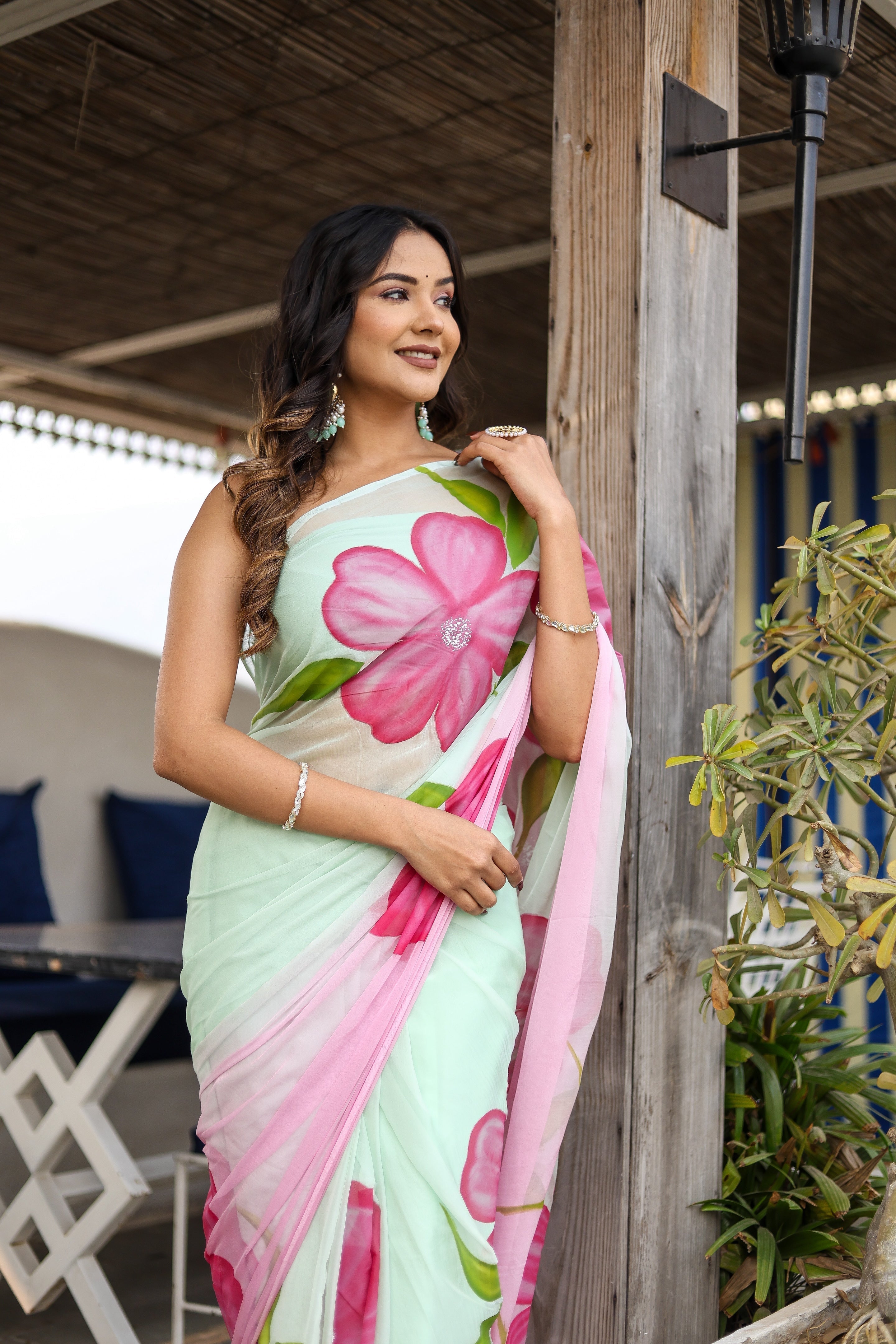 Mint Green Georgette Saree with Hand-Painted Pink Oversized Floral Motifs – Attached Blouse – 5.5 Meters FANCY SAREES