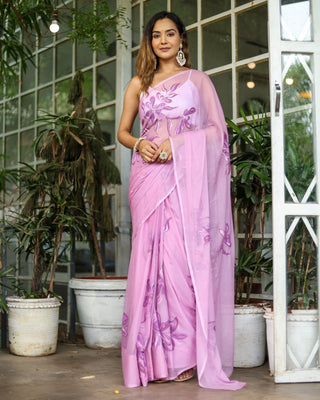 Lavender Georgette Saree with Hand-Painted Purple Floral Motifs & Pearl Highlights – Attached Blouse – 5.5 Meters FANCY SAREES