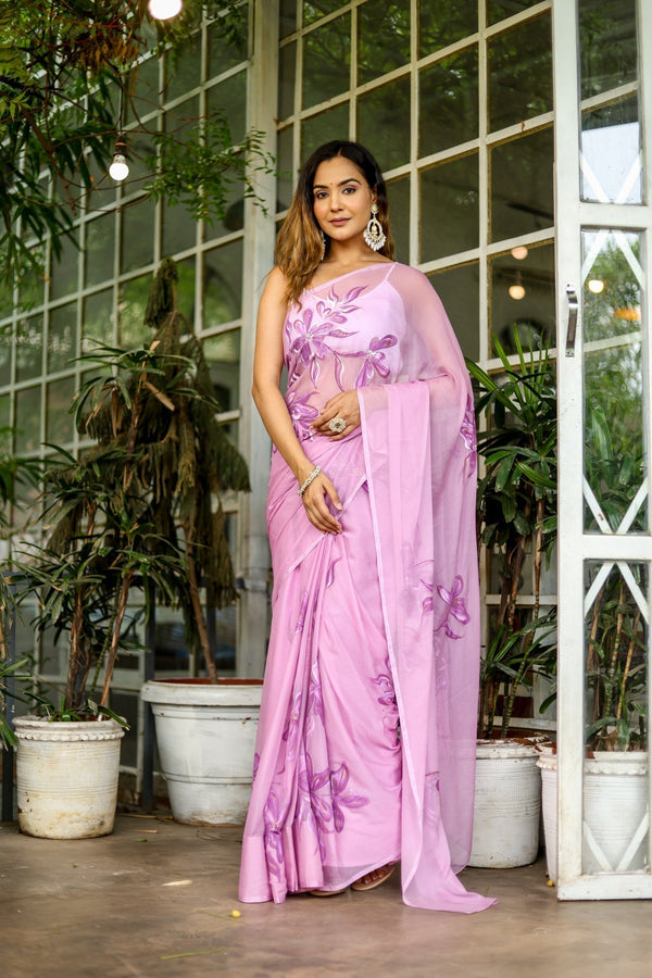 Lavender Georgette Saree with Hand-Painted Purple Floral Motifs & Pearl Highlights – Attached Blouse – 5.5 Meters FANCY SAREES