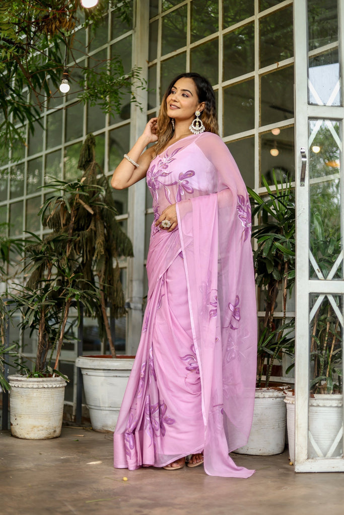 Lavender Georgette Saree with Hand-Painted Purple Floral Motifs & Pearl Highlights – Attached Blouse – 5.5 Meters FANCY SAREES