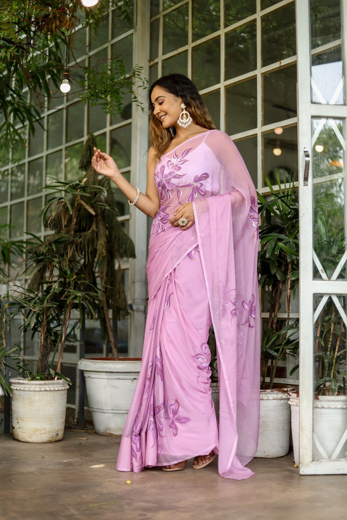 Lavender Georgette Saree with Hand-Painted Purple Floral Motifs & Pearl Highlights – Attached Blouse – 5.5 Meters FANCY SAREES