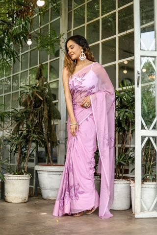 Lavender Georgette Saree with Hand-Painted Purple Floral Motifs & Pearl Highlights – Attached Blouse – 5.5 Meters FANCY SAREES