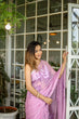 Load image into Gallery viewer, Lavender Georgette Saree with Hand-Painted Purple Floral Motifs &amp; Pearl Highlights – Attached Blouse – 5.5 Meters FANCY SAREES
