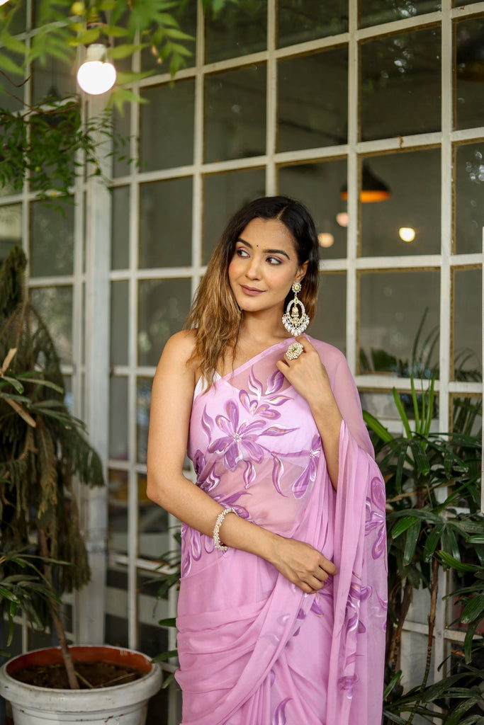 Lavender Georgette Saree with Hand-Painted Purple Floral Motifs & Pearl Highlights – Attached Blouse – 5.5 Meters FANCY SAREES