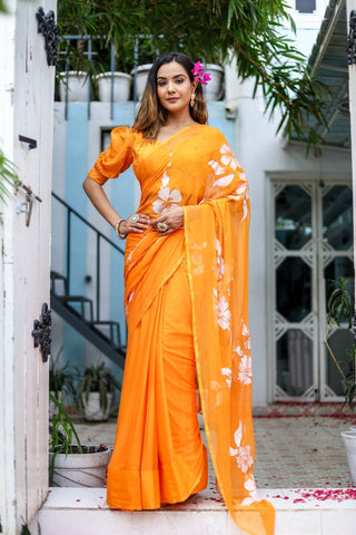 Sunset Orange Georgette Saree with Hand-Painted White Floral Motifs – Attached Blouse – 5.5 Meters FANCY SAREES