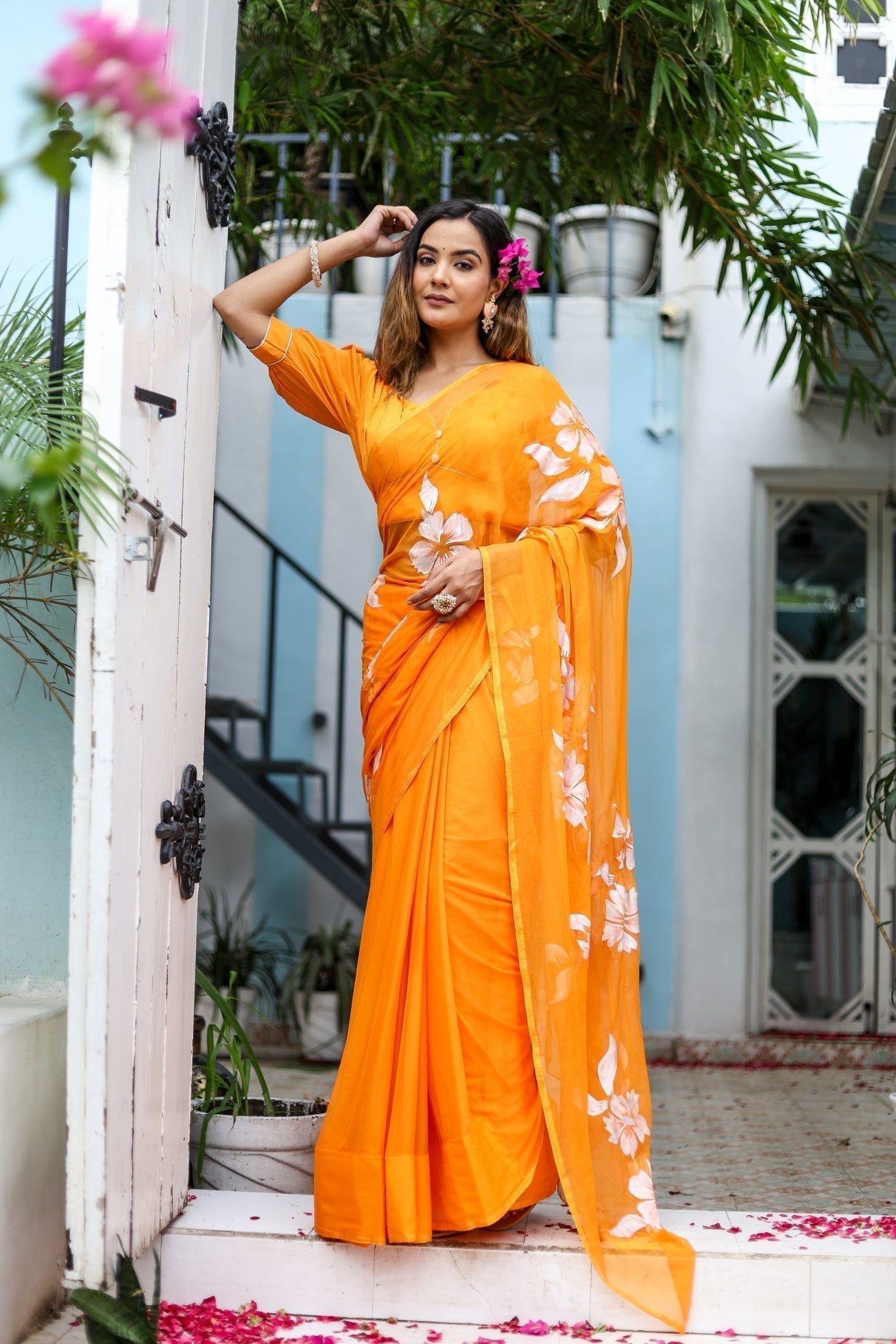 Sunset Orange Georgette Saree with Hand-Painted White Floral Motifs – Attached Blouse – 5.5 Meters FANCY SAREES