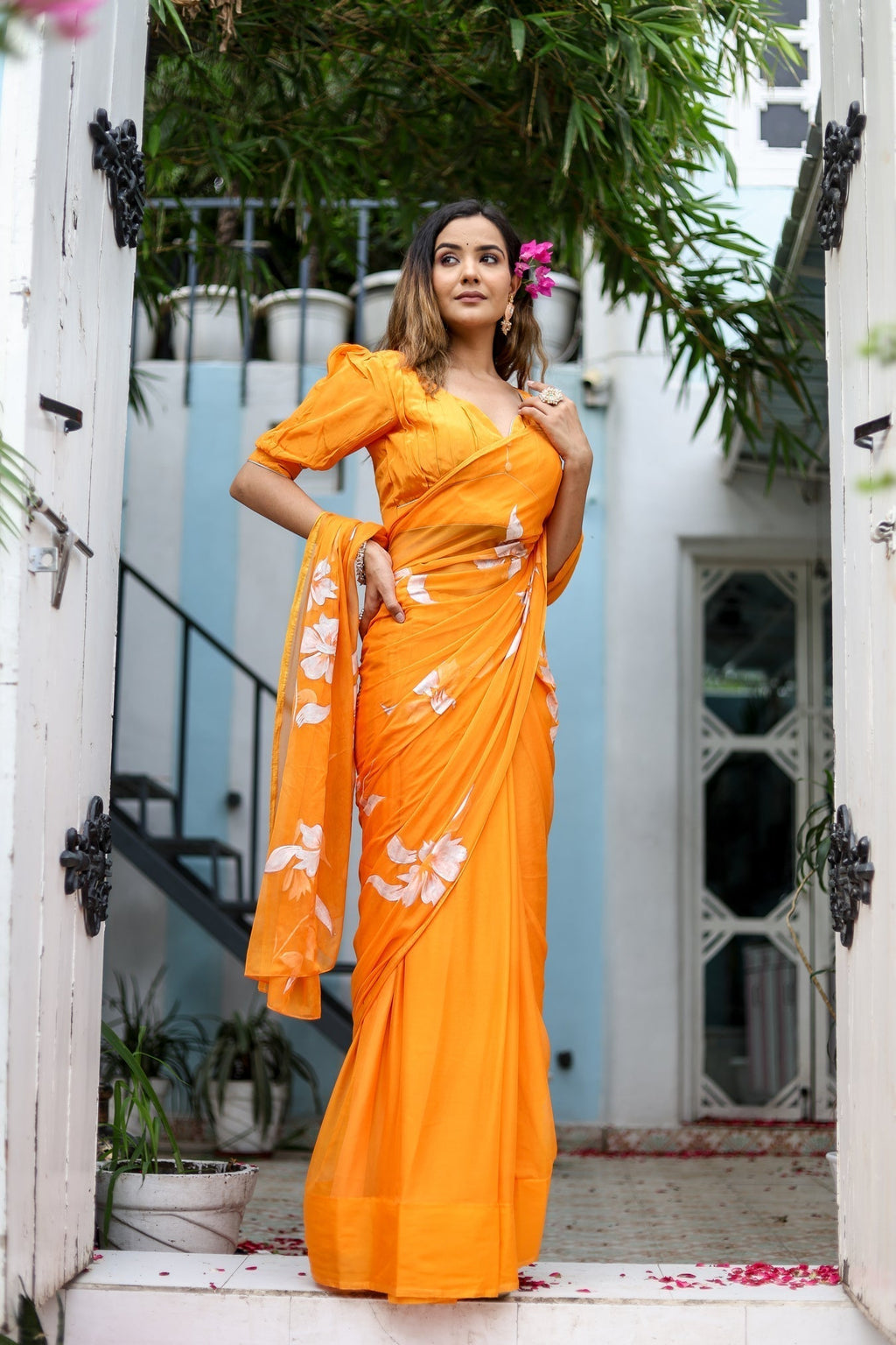Sunset Orange Georgette Saree with Hand-Painted White Floral Motifs – Attached Blouse – 5.5 Meters FANCY SAREES