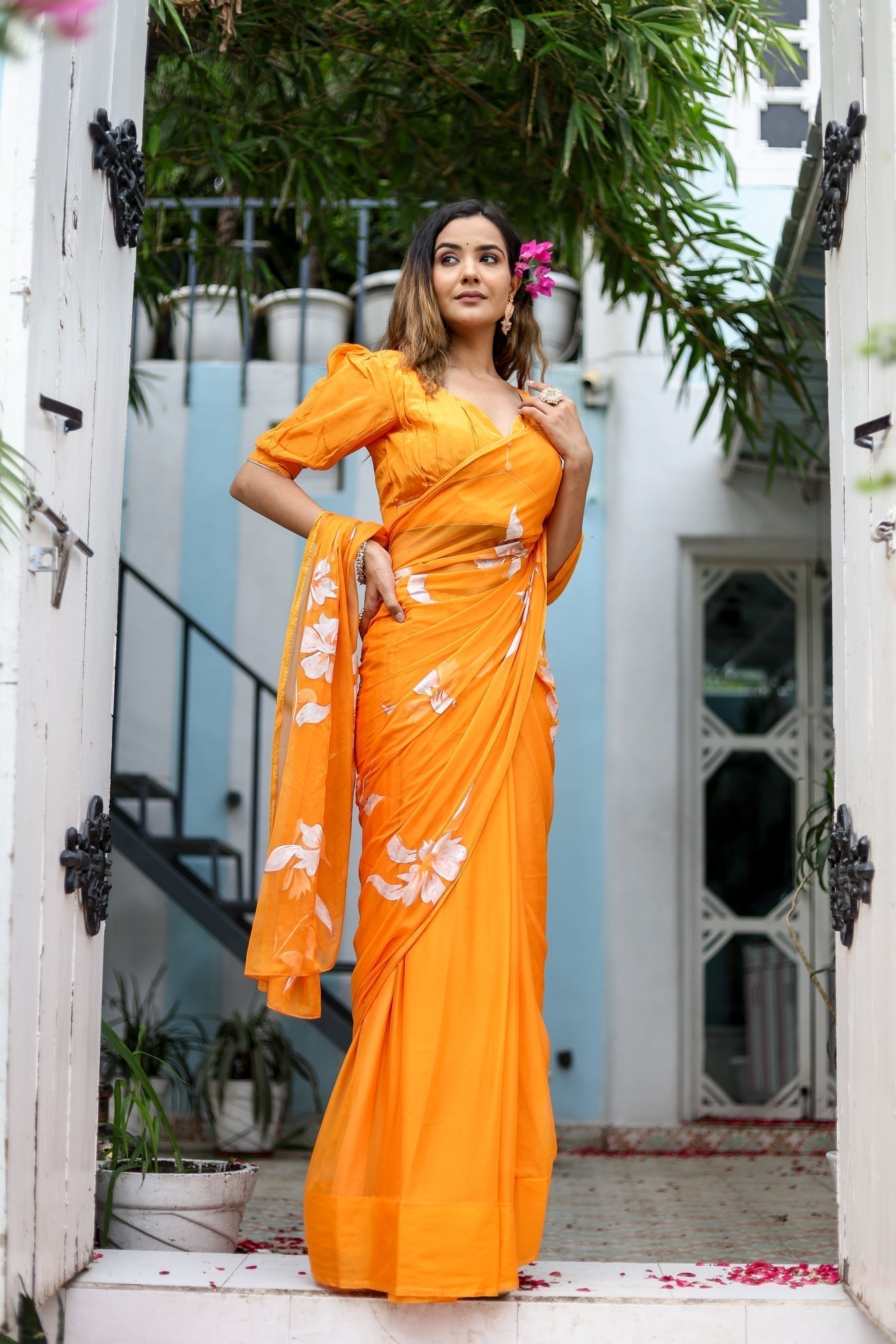 Sunset Orange Georgette Saree with Hand-Painted White Floral Motifs – Attached Blouse – 5.5 Meters FANCY SAREES
