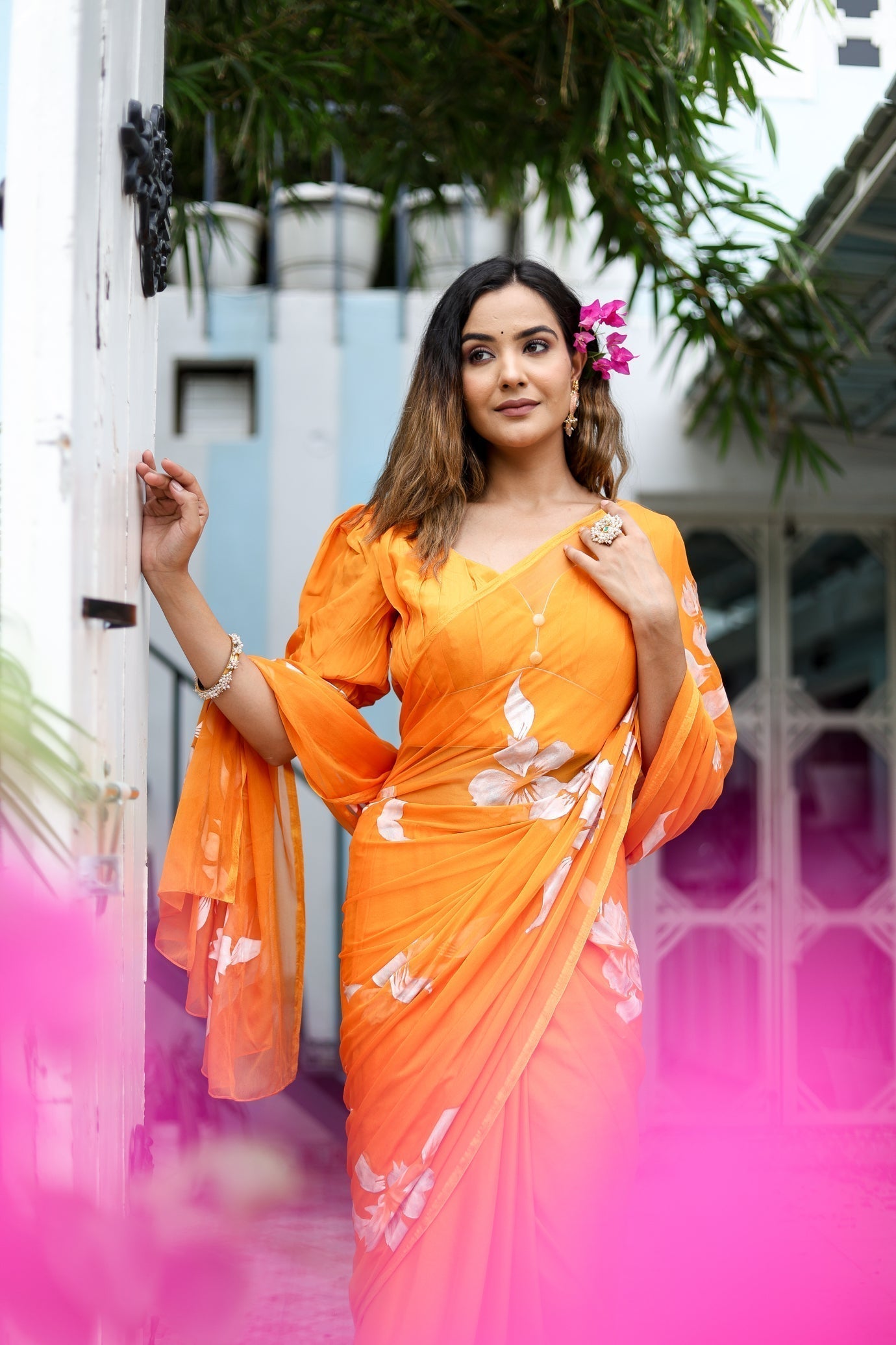 Sunset Orange Georgette Saree with Hand-Painted White Floral Motifs – Attached Blouse – 5.5 Meters FANCY SAREES