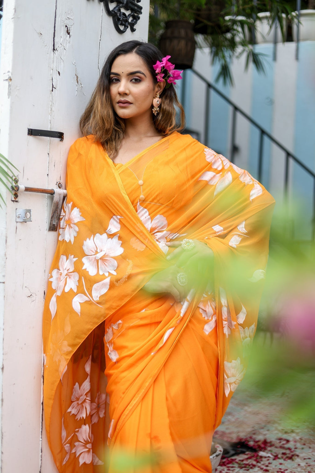 Sunset Orange Georgette Saree with Hand-Painted White Floral Motifs – Attached Blouse – 5.5 Meters FANCY SAREES