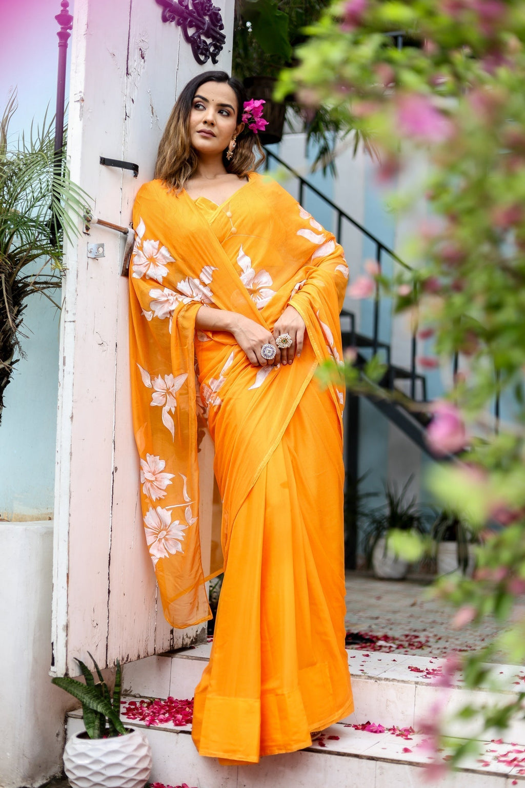 Sunset Orange Georgette Saree with Hand-Painted White Floral Motifs – Attached Blouse – 5.5 Meters FANCY SAREES