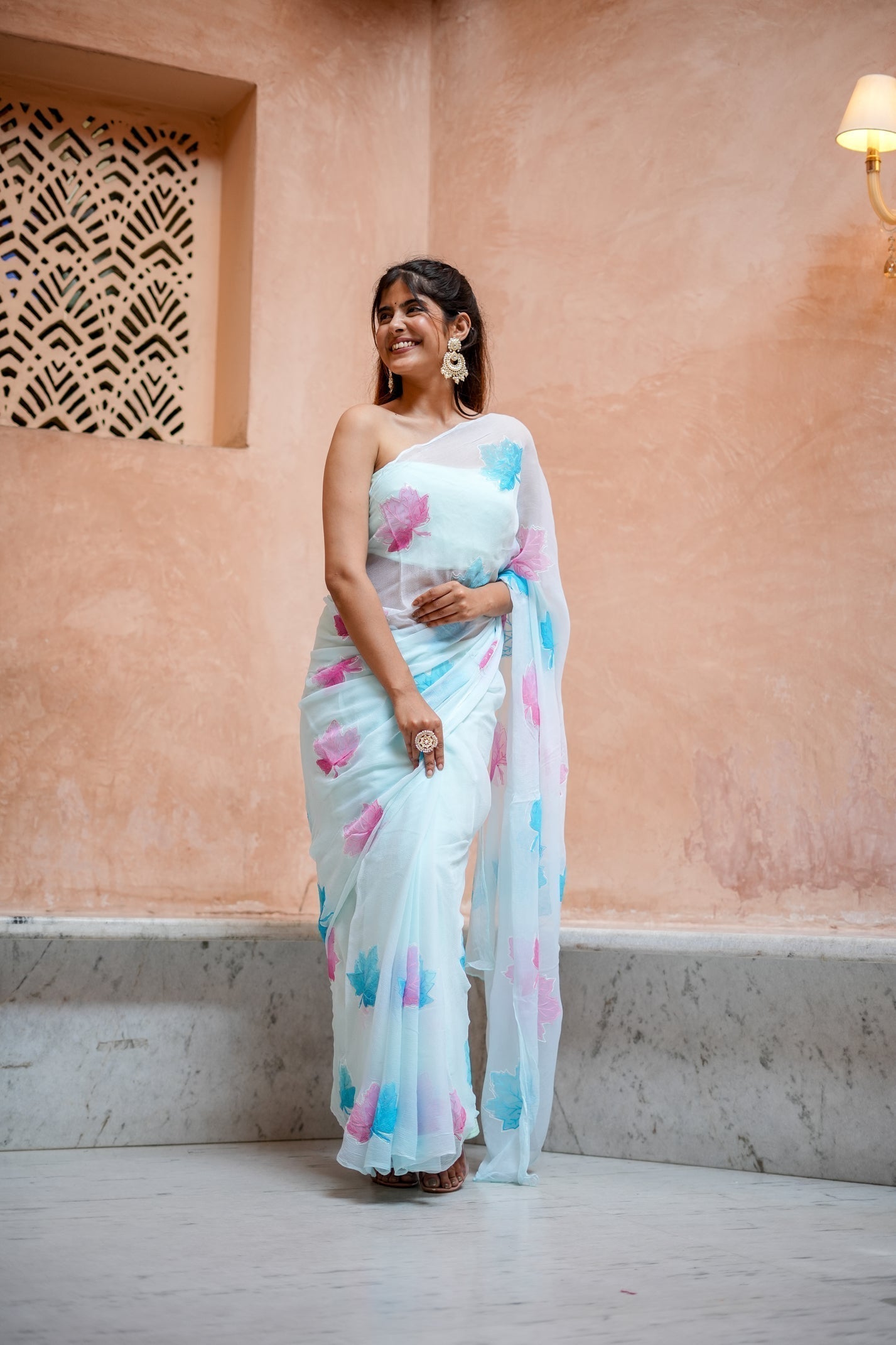 Sky Blue Georgette Saree with Embroidered Pink & Blue Leaf Motifs – Attached Blouse – 5.5 Meters FANCY SAREES
