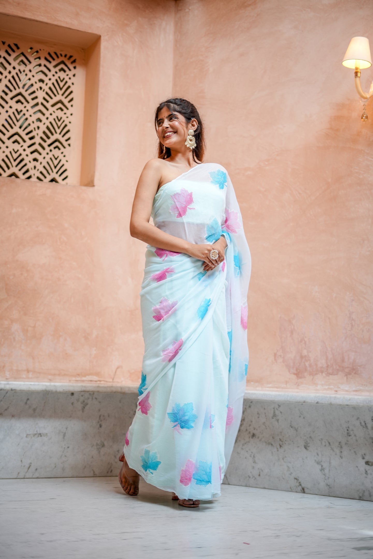 Sky Blue Georgette Saree with Embroidered Pink & Blue Leaf Motifs – Attached Blouse – 5.5 Meters FANCY SAREES