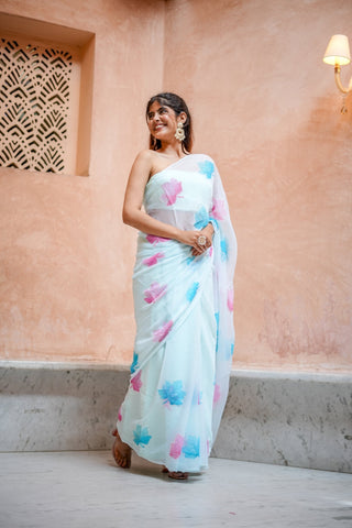 Sky Blue Georgette Saree with Embroidered Pink & Blue Leaf Motifs – Attached Blouse – 5.5 Meters FANCY SAREES