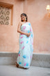 Load image into Gallery viewer, Sky Blue Georgette Saree with Embroidered Pink &amp; Blue Leaf Motifs – Attached Blouse – 5.5 Meters FANCY SAREES