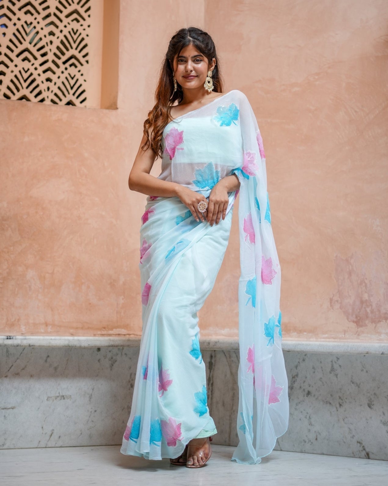 Sky Blue Georgette Saree with Embroidered Pink & Blue Leaf Motifs – Attached Blouse – 5.5 Meters FANCY SAREES