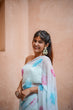 Load image into Gallery viewer, Sky Blue Georgette Saree with Embroidered Pink &amp; Blue Leaf Motifs – Attached Blouse – 5.5 Meters FANCY SAREES