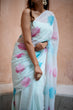 Load image into Gallery viewer, Sky Blue Georgette Saree with Embroidered Pink &amp; Blue Leaf Motifs – Attached Blouse – 5.5 Meters FANCY SAREES