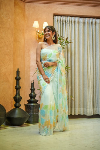 Mint Green Georgette Saree with Multicolor Leaf Embroidery & Attached Blouse – 5.5 Meters FANCY SAREES